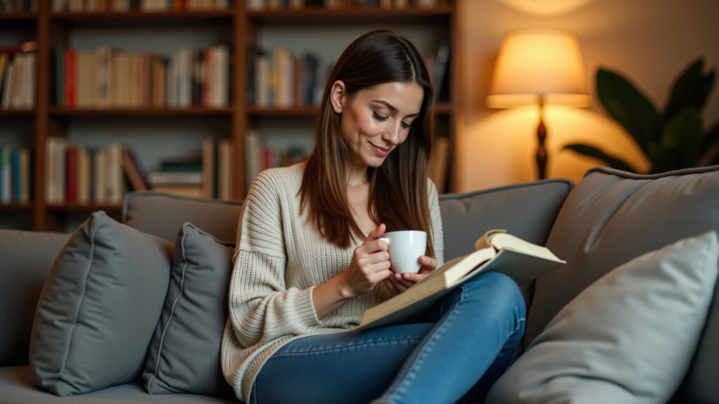 Woman in cozy living room, reading book with a cup of tea, warm lighting, bookshelf background, Mulher lendo livro em casa aconchegante.