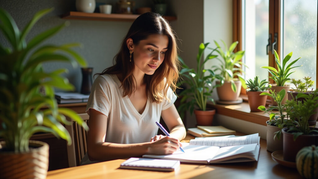 Woman journaling at a sunlit desk, plants, cozy Brazilian home, natural lighting, focus on Mulher planejando metas anuais em casa aconchegante.