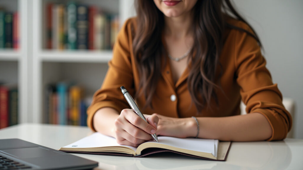 Woman learning from her mistakes, notebook and pen, Brazilian library, growth mindset, resilience, Mulher aprendendo com erros no planejamento.