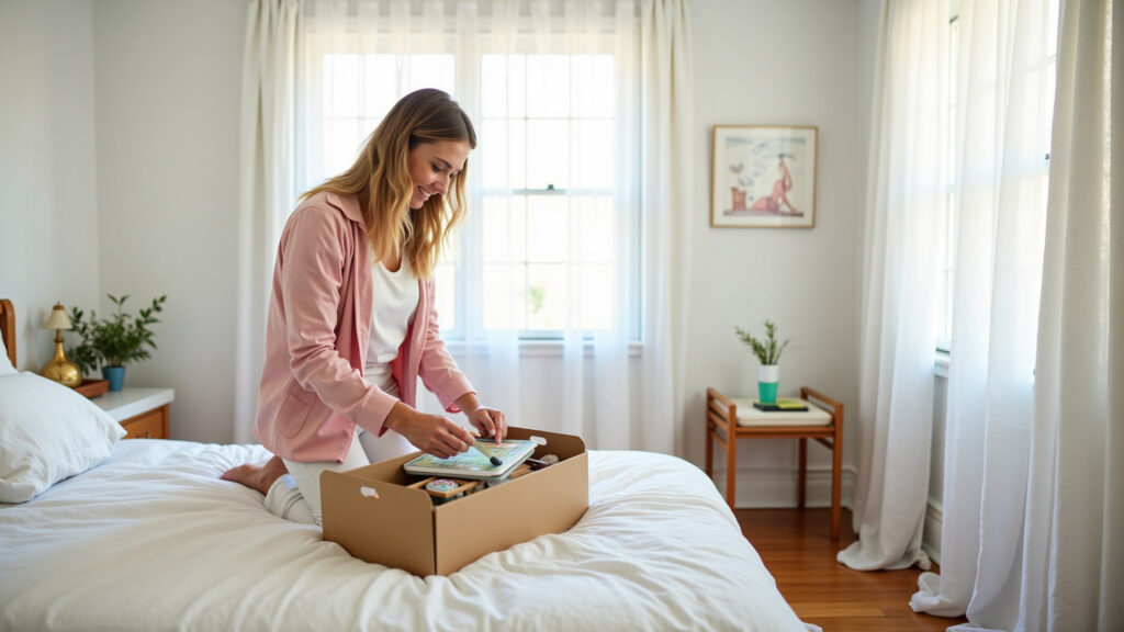 Woman making bed, bright bedroom, Brazilian style, 5-minute bed making technique, organized Arrumar a cama com técnica de 5 minutos.