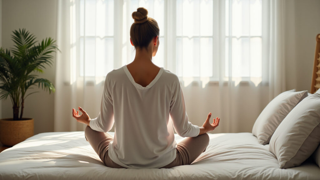 Woman meditating in a bright, minimalist bedroom, Brazilian decor, natural light, 8K, lifestyle Mulher meditando em sua rotina matinal.
