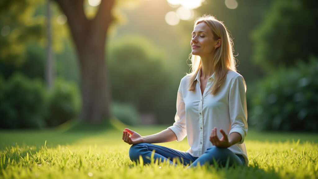 Woman meditating in a peaceful garden, eyes closed, serene expression. Natural lighting, lush Mulher meditando em um jardim para treinar o foco mental.