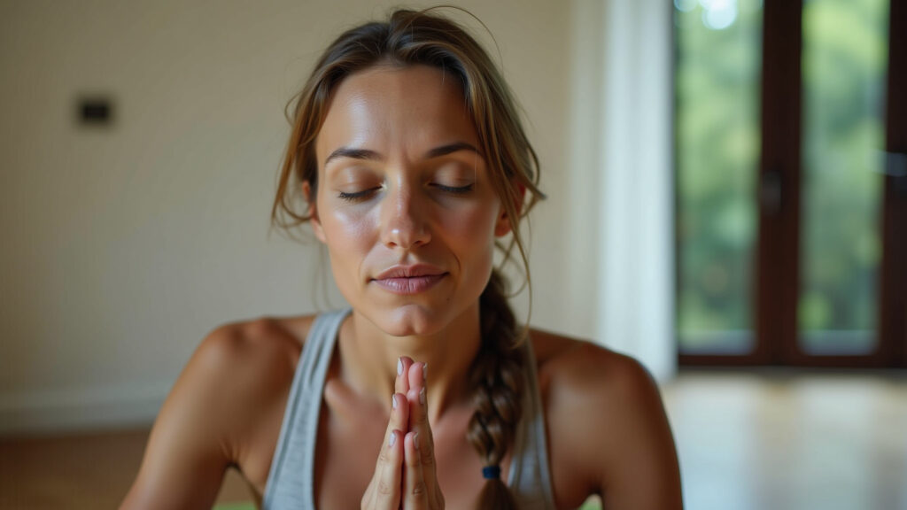 Woman meditating, serene expression, Brazilian interior, 5-minute meditation technique, peace, Meditação rápida com técnica de 5 minutos.