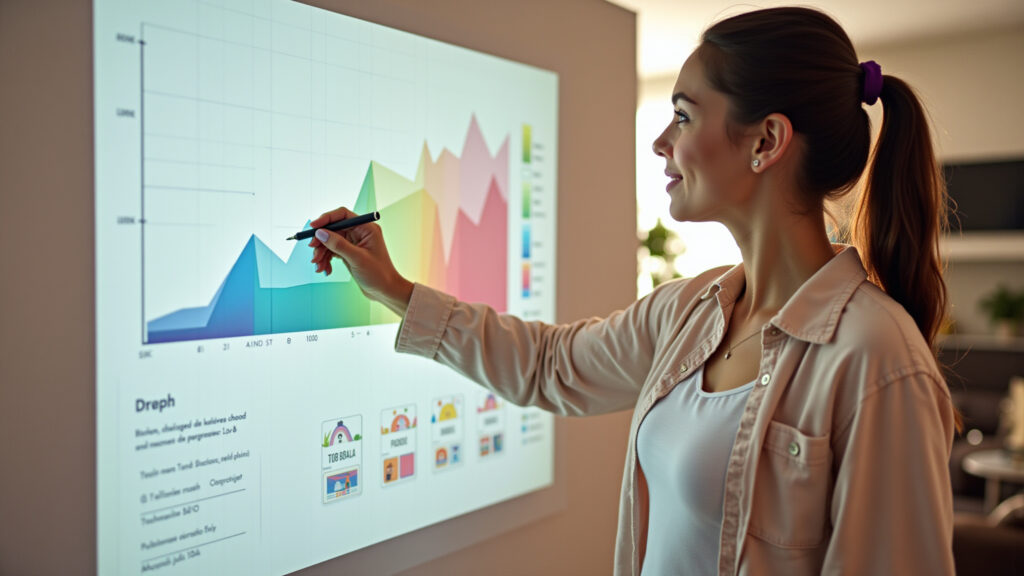 Woman monitoring progress on a colorful chart, Brazilian living room, tracking goals, positive Mulher monitorando progresso das metas anuais.