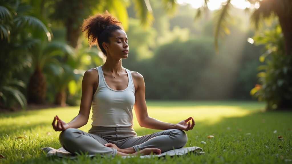 Woman practicing mindfulness meditation, Brazilian garden, serene, natural light, 8K, lifestyle Mulher praticando mindfulness para reduzir o estresse.