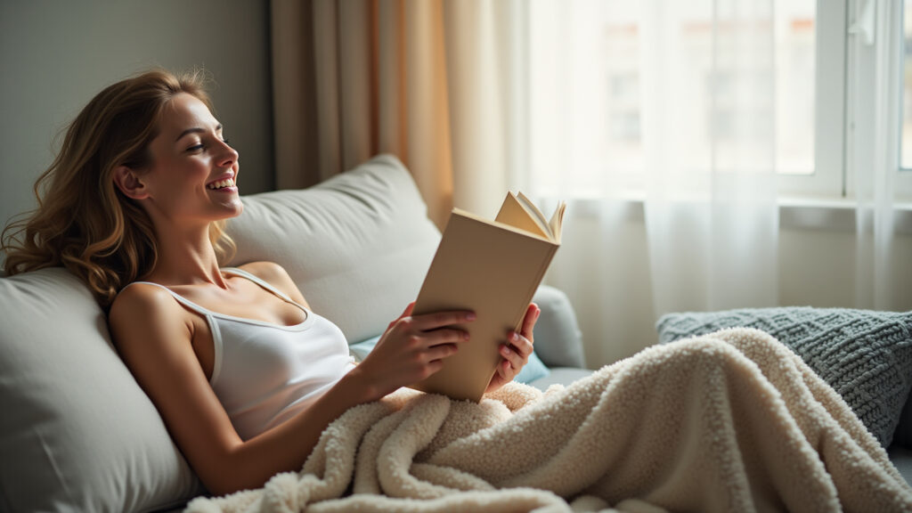 Woman relaxing on sofa, reading a book, cozy blanket, soft lighting, self-care concept, lifestyle Relaxando com um livro.
