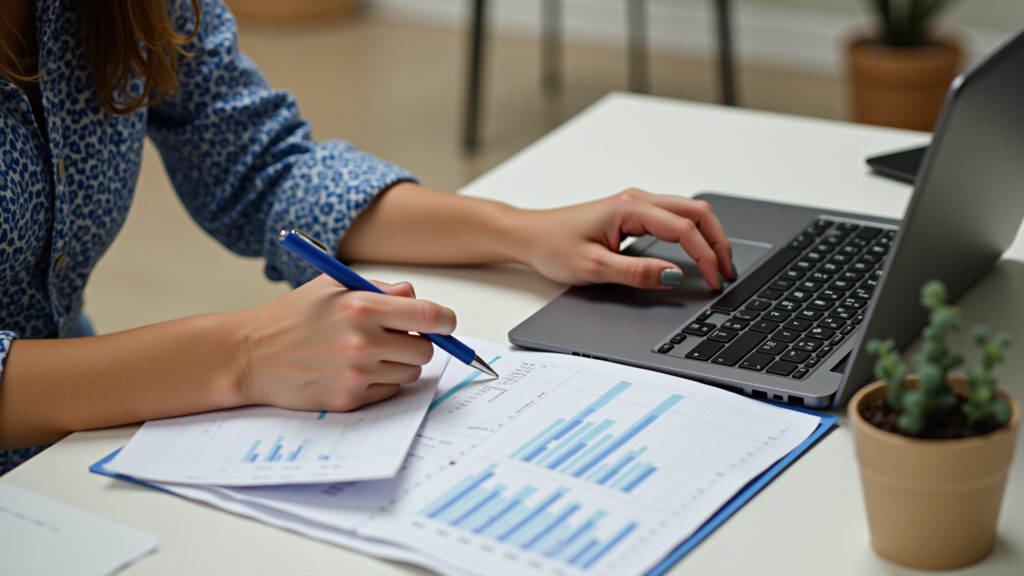 Woman reviewing finances, laptop, Brazilian home office, 5-minute finance organization, financial Organização financeira com técnica de 5 minutos.
