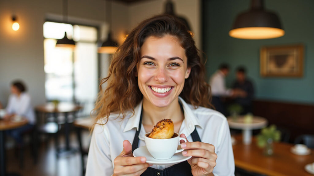 Woman rewarding herself after completing a task, coffee and pastry, Brazilian cafe, celebrating Mulher se recompensando por cumprir meta.