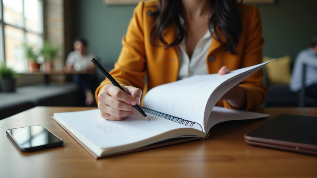 Woman setting realistic goals in a notebook, Brazilian cafe, natural light, 8K, commercial Mulher definindo metas realistas para otimizar o tempo.
