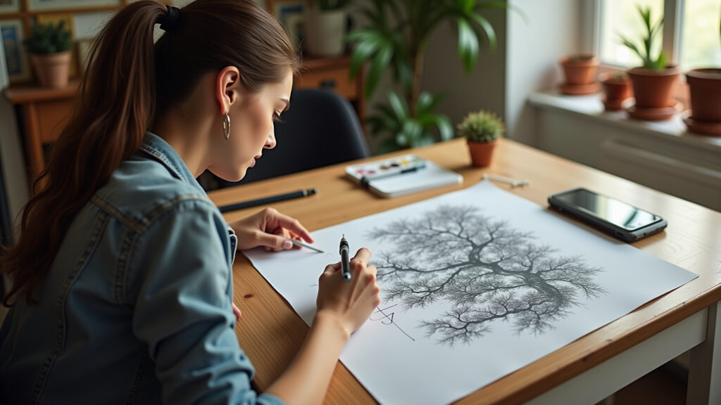 Woman sketching, creative desk, Brazilian studio, 5-minute creativity technique, imagination, Criatividade rápida com técnica de 5 minutos.
