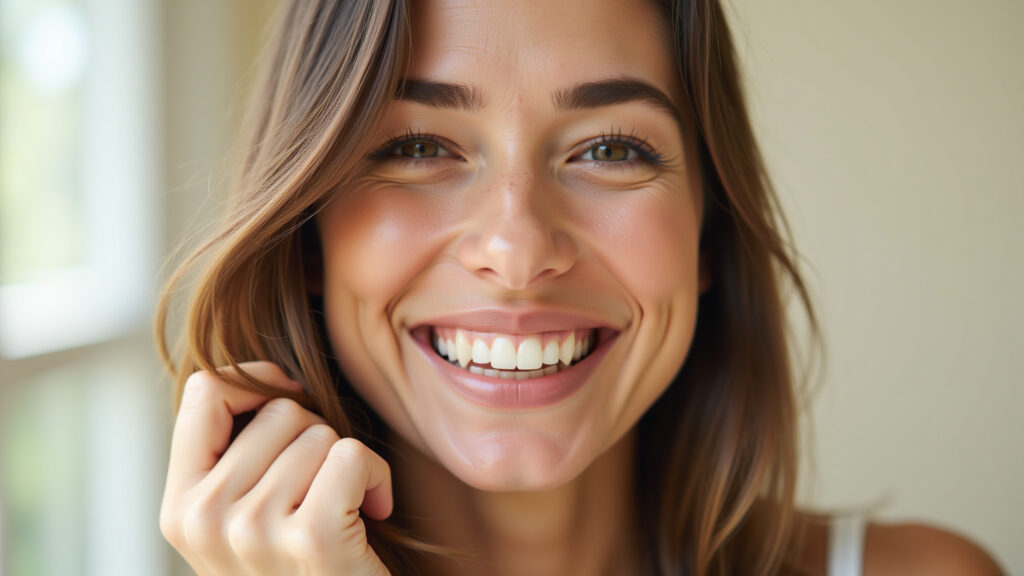 Woman smiling, showing healthy, shiny hair after using homemade leave-in, natural lighting, Cabelos saudáveis e brilhantes com leave-in caseiro.