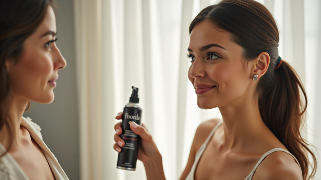Woman spraying matte setting spray, professional photography, 8K quality, natural light, soft Spray fixador de maquiagem matte.