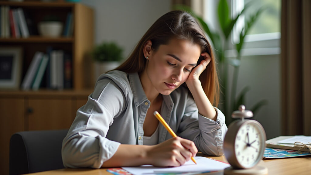 Woman starting a task, timer on desk, focused expression, natural lighting, cozy Brazilian Mulher usando técnica de 5 minutos para iniciar tarefa.