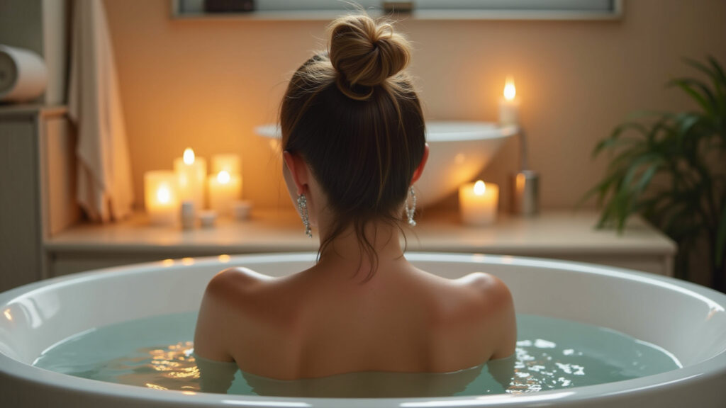 Woman taking a relaxing bath with candles, Brazilian bathroom, natural light, 8K, lifestyle Mulher relaxando em um banho para autocuidado.