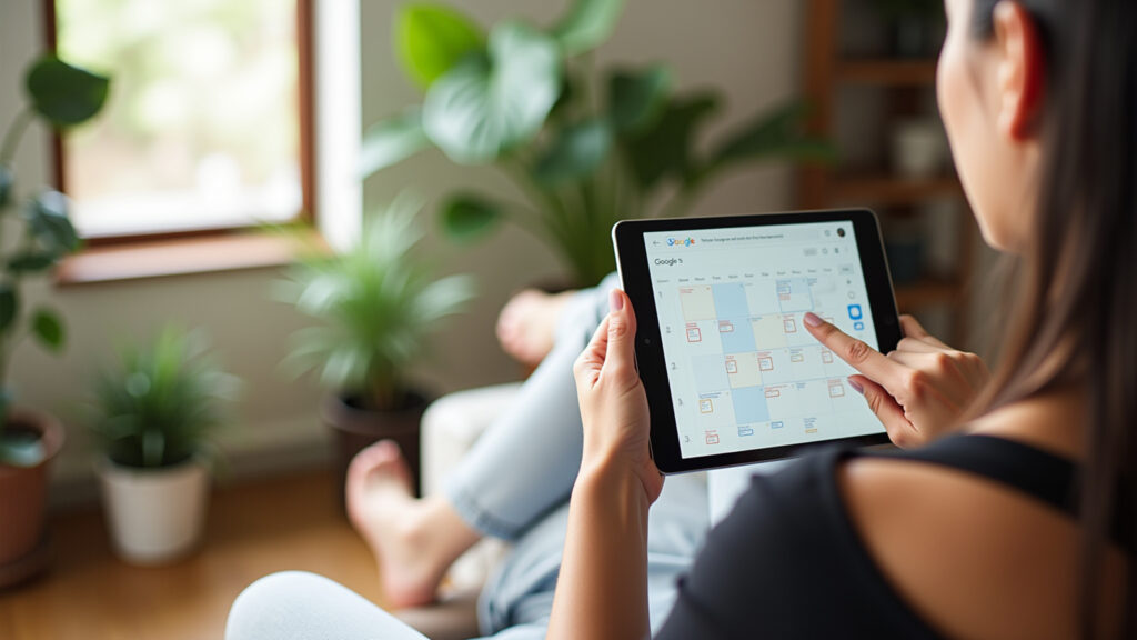 Woman using Google Calendar on a tablet, Brazilian home setting, plants, natural light, 8K, Mulher usando o Google Calendar para organizar a rotina.