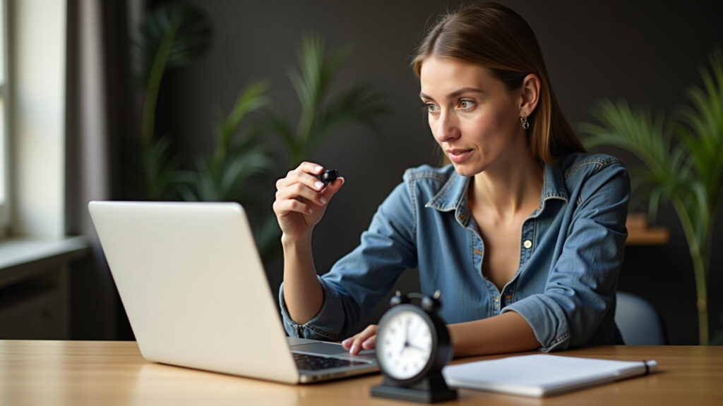 Woman using Pomodoro timer while working on a laptop. Focus on the timer and her concentrated Mulher usando a técnica Pomodoro para otimizar o foco no trabalho.
