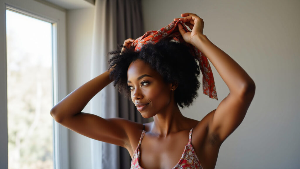 Woman with afro hair wrapping it in a silk scarf, preparing for the 'touca de nero' method, natural Mulher negra preparando touca de nero para alisar o cabelo.