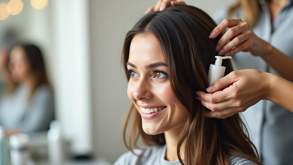 Woman with chemically treated hair using solid conditioner, focus on hair texture, bright salon Condicionador sólido para cabelo com química.