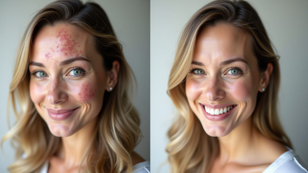 Mulher com melasma usando creme com ácido ferúlico.