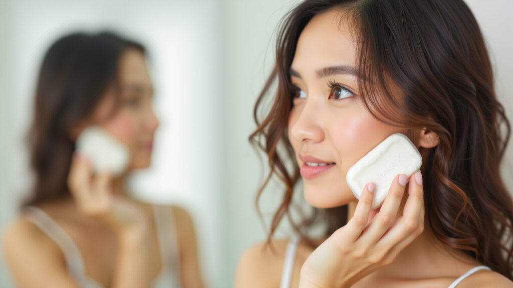 Woman with oily hair using solid conditioner bar, applying only to ends, bright bathroom setting, Condicionador sólido para cabelos oleosos.
