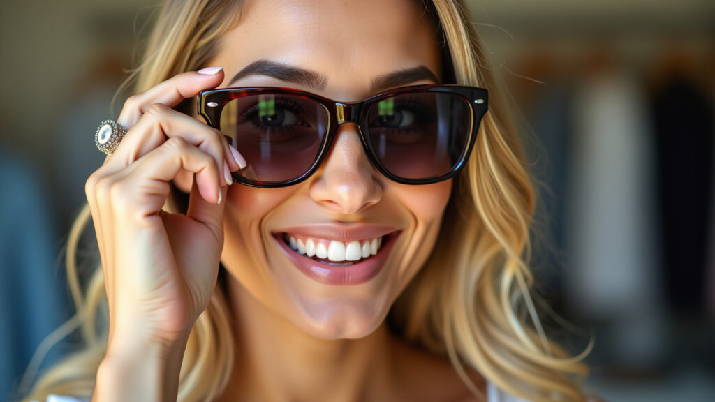Mulher de rosto redondo experimentando óculos de sol quadrados.