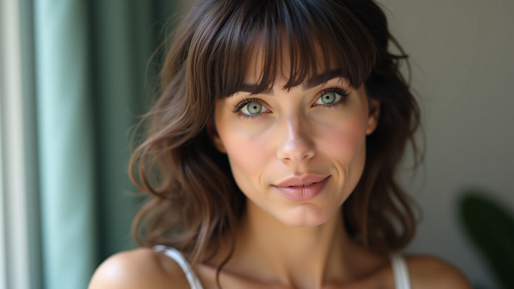 Franja lateral suave para rosto pera, realçando o charme.