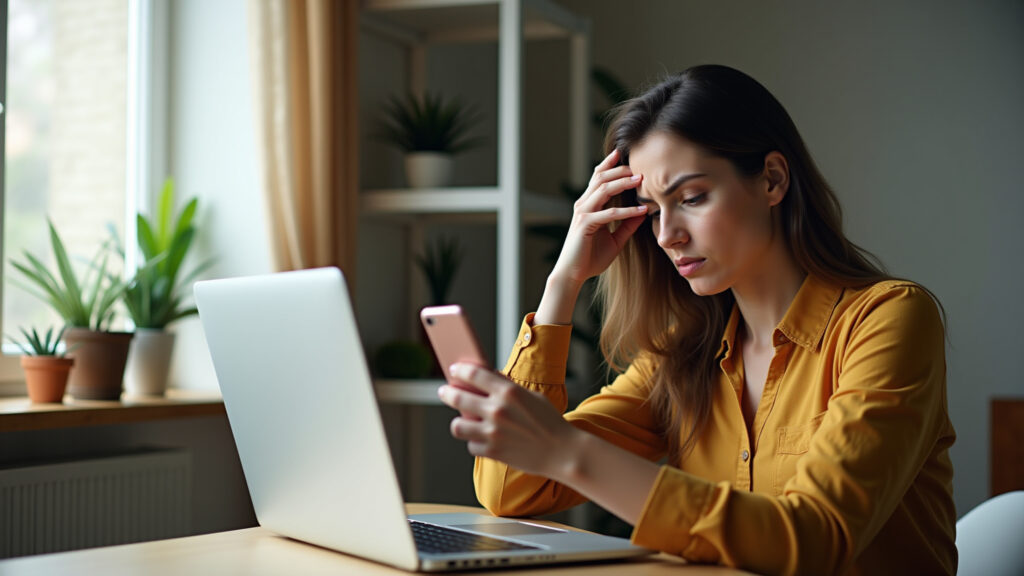 Woman working at home, distracted by phone, laptop notifications, calendar reminders. Natural Mulher distraída com celular e notificações enquanto tenta trabalhar em casa.