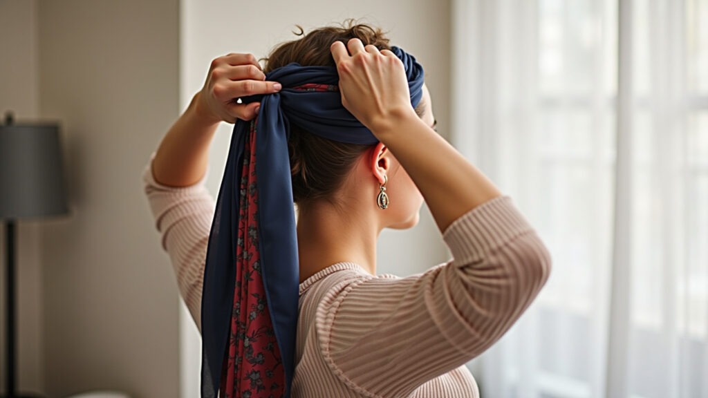 Woman wrapping hair with a silk scarf for 'touca de nero', step-by-step, bedroom setting, natural Enrolando o cabelo com lenço de seda para a touca de nero.