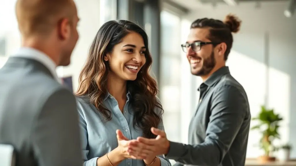 Mulher brasileira recebendo elogio no trabalho com sorriso genuíno.