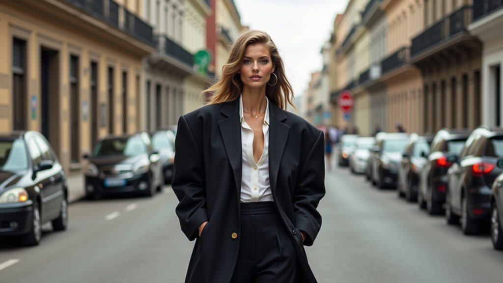 Deconstructed tailoring, oversized blazer, fashion 2026, woman in city street, commercial Blazer oversized, tendência de alfaiataria desconstruída para 2026.