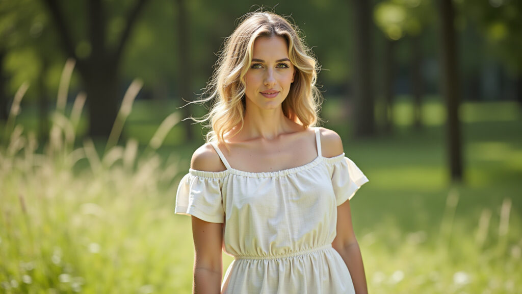 Light linen dress, summer fashion 2026, woman in park, natural lighting, lifestyle photography, 8K Vestido leve de linho, ideal para o calor da primavera/verão 2026.