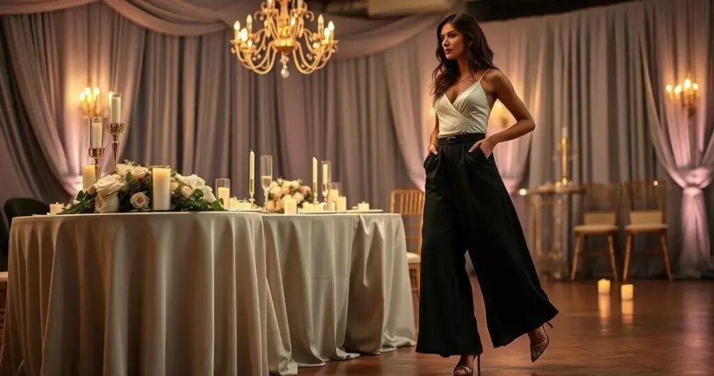 look com calça pantalona preta para casamento a noite