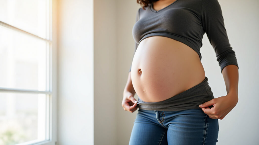 Pregnant woman adjusting adjustable waistband pants, smiling, comfortable pose, natural light, 8K, Calças confortáveis com cós ajustável para gestantes.