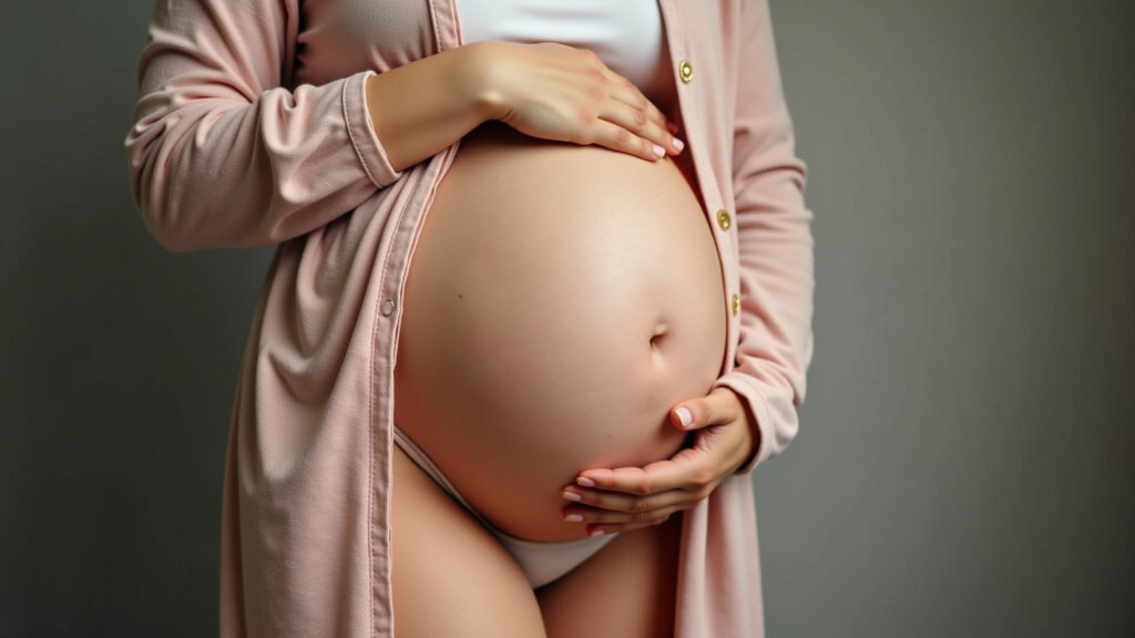 Pregnant woman first trimester, loose clothing, natural light, 8K, sharp focus, lifestyle Gestante no primeiro trimestre com roupas confortáveis.