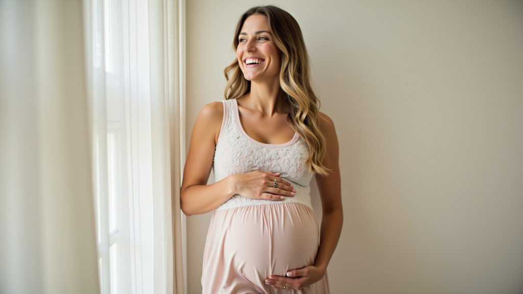 Pregnant woman in jumpsuit, comfortable fabric, smiling, natural light, 8K, sharp focus, lifestyle Macacão de gestante prático e elegante.