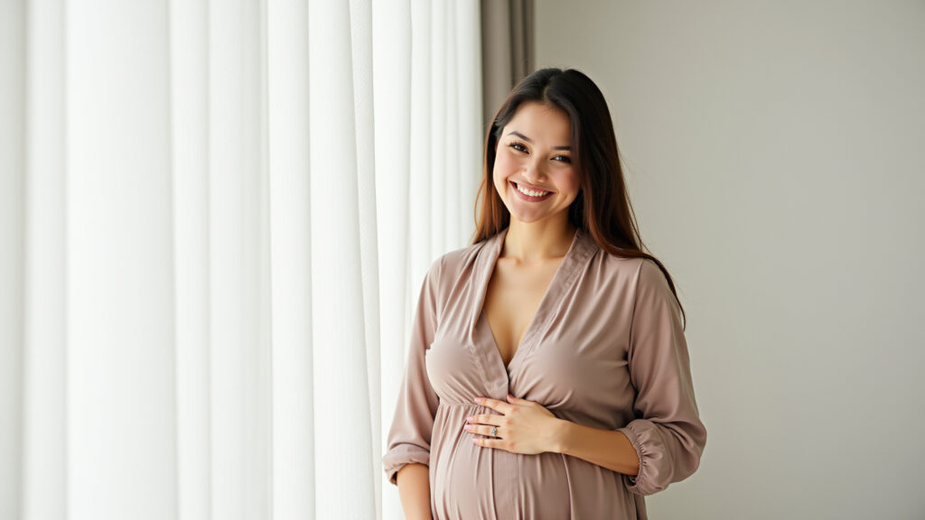 Pregnant woman in loose blouse, light fabric, smiling, natural light, 8K, sharp focus, lifestyle Blusa soltinha e elegante para gestantes.