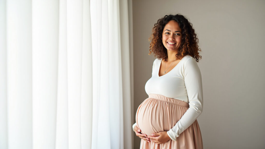 Pregnant woman in midi skirt, light fabric, smiling, natural light, 8K, sharp focus, lifestyle Saia midi para um visual gestante sofisticado.