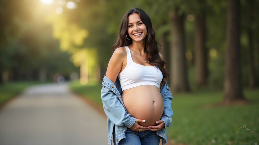 Pregnant woman in open jacket, stylish, smiling, natural light, 8K, sharp focus, lifestyle Casaco aberto complementando o look gestante.