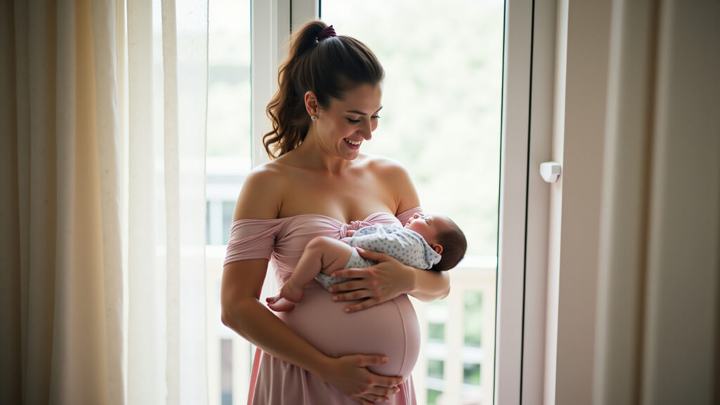 Woman breastfeeding in elegant nursing clothes, natural lighting, lifestyle photography, 8K Roupas de amamentação elegantes para o pós-parto.