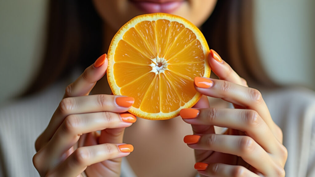 Close-up of hands with creamy tangerine orange nails holding a slice of orange, natural light, Unhas laranja tangerina cremoso, energia e vitalidade para o verão 2025-2026.
