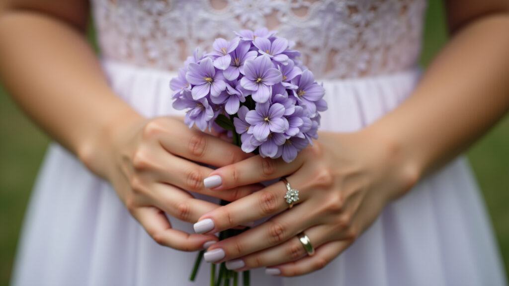 Close-up of hands with soft lavender nails holding flowers, romantic and delicate, natural light, Unhas lavanda suave, tranquilidade e delicadeza para o verão 2025-2026.