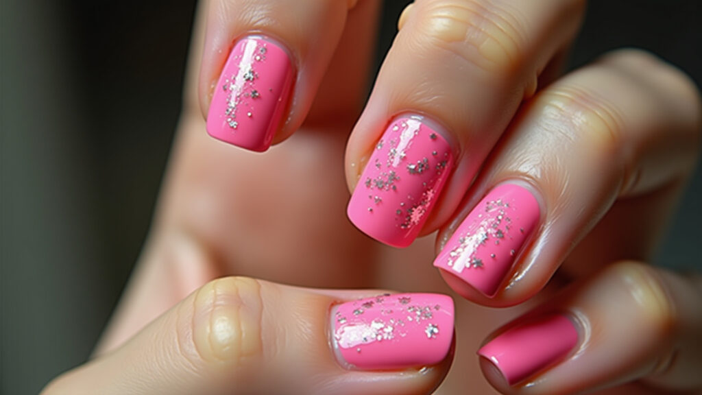 Close-up of manicured hands with bubblegum pink nails, glitter accents, natural light, lifestyle Unhas rosa chiclete com glitter, tendência primavera/verão 2025-2026.