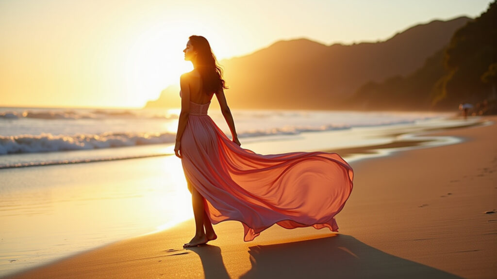 Flowing maxi dress, Brazilian woman, sunset beach, summer 2026 fashion, elegant, natural lighting, Vestido longo e fluido, moda verão 2026.