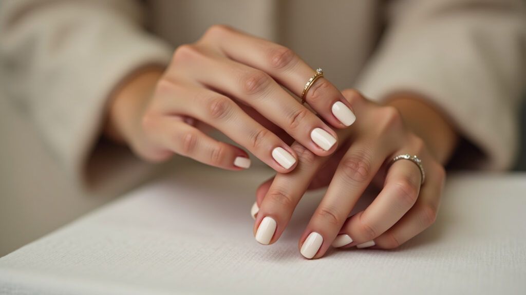 Hands with creamy nude white nails, minimalist and elegant, natural light, lifestyle photography, Unhas branco nude cremoso, minimalismo e elegância para 2025-2026.
