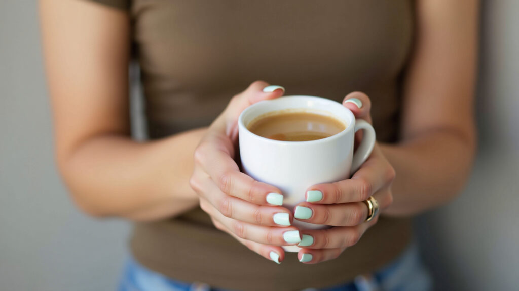 Hands with pastel mint green nails holding a cup of coffee, minimalist style, natural light, Unhas verde menta pastel, elegância e frescor para o verão 2025-2026.