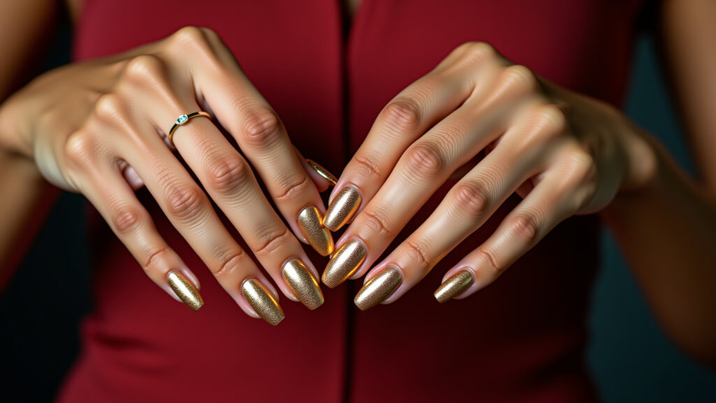 Hands with radiant metallic gold nails at a party, luxurious and sophisticated, natural light, Unhas dourado metálico radiante, brilho e sofisticação para o verão 2025-2026.