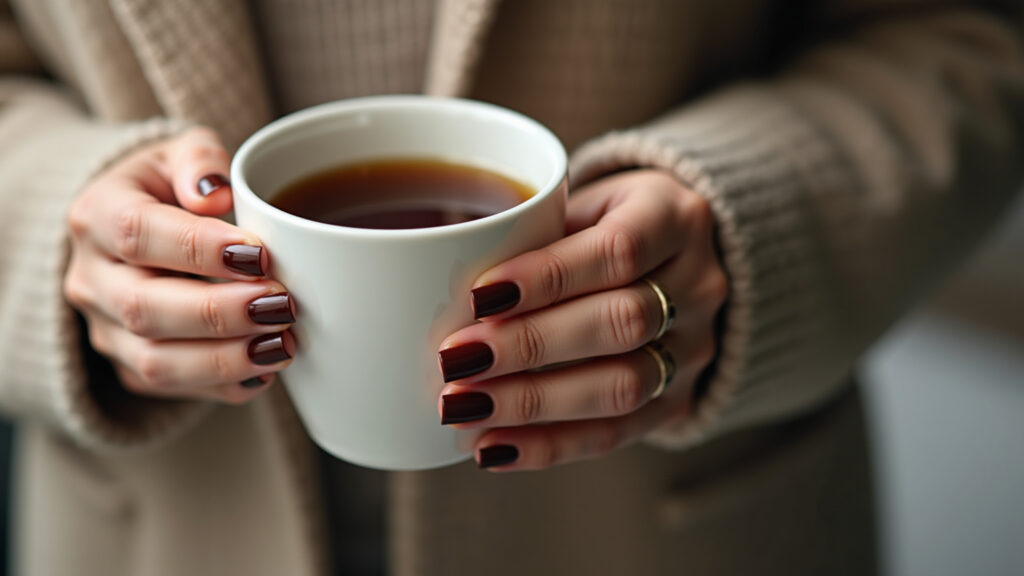 Hands with warm chocolate brown nails holding a cup of tea, cozy and sophisticated, natural light, Unhas marrom chocolate quente, conforto e sofisticação para 2025-2026.