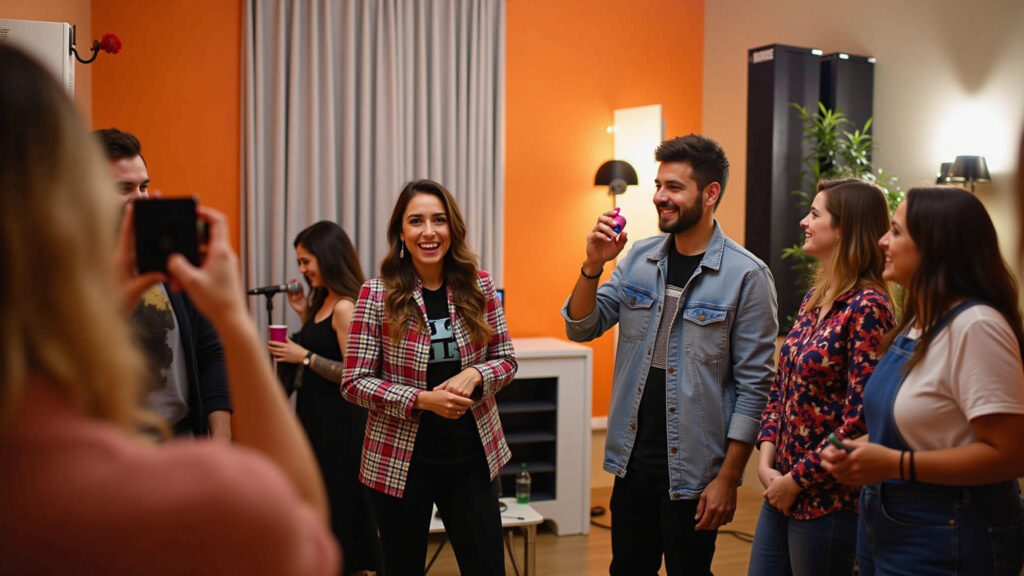 Karaokê Box Pop, Liberdade, friends singing, private room, fun, vibrant, 8K, professional Amigos cantando em um karaokê no Karaokê Box Pop, Liberdade.