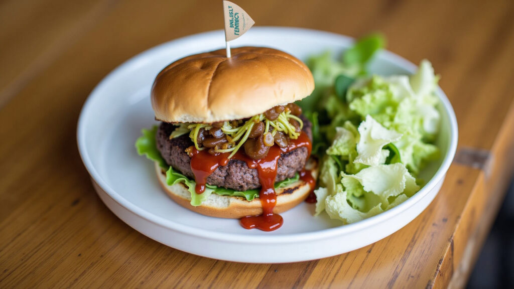 Loving Hut, vegan bar, Perdizes, vegan burger, healthy food, vibrant, conscious, 8K, commercial Hambúrguer vegano delicioso no Loving Hut, Perdizes.