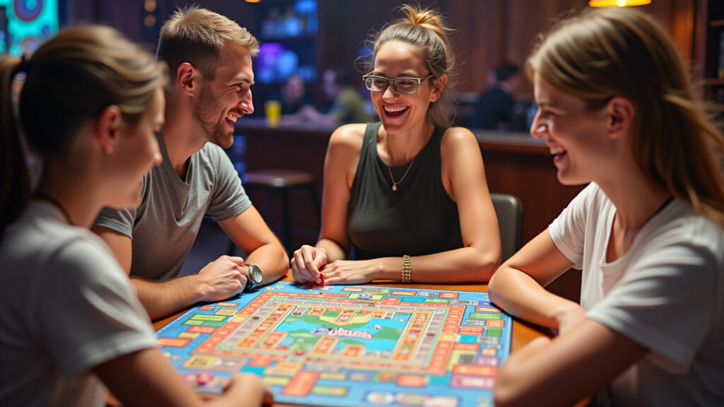 Ludus Luderia, board games, friends laughing, colorful, interactive, drinks, fun, 8K, professional Amigos se divertindo com jogos de tabuleiro no Ludus Luderia.